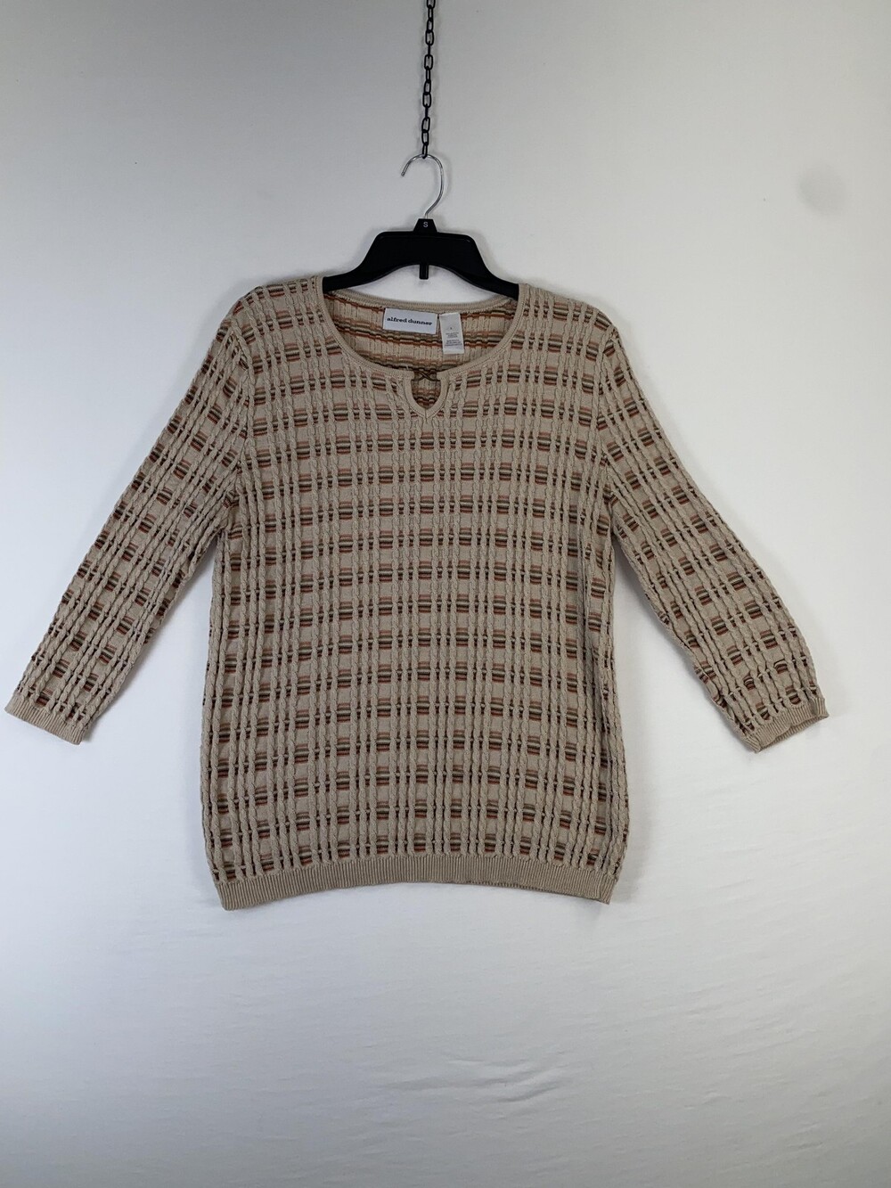 Alfred Dunner Sweater Womens Large Beige Stripe Knit 3/4 Sleeve Pullover Keyhole